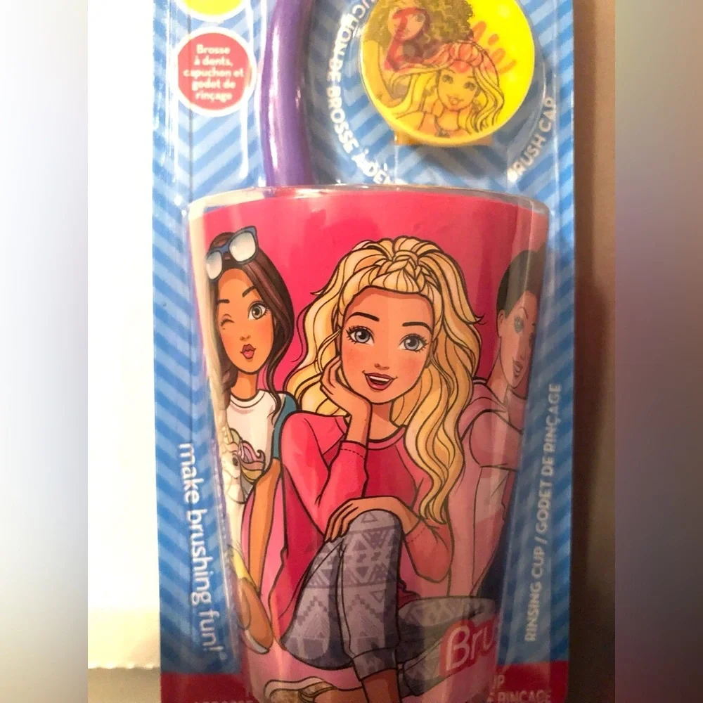 Barbie 3pc‎ brush buddies soft ergonomic toothbrush cap and rinsing cup set new